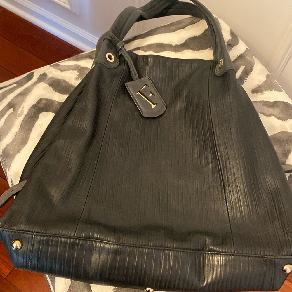 Furla  women’s Genuine Leather shoulder bag , black with green and gold zippers